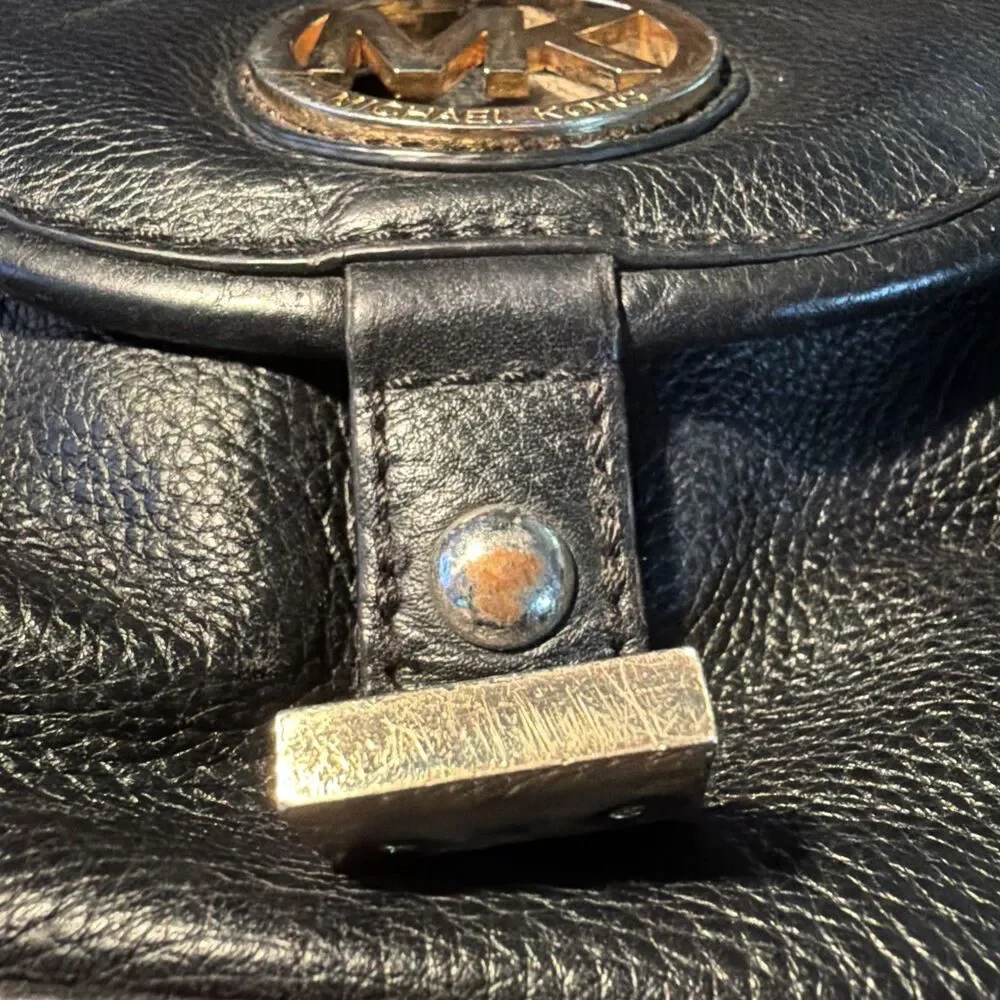 Michael Kors Fulton Leather Hobo Shoulder Bag Black Inside MK logo Flap